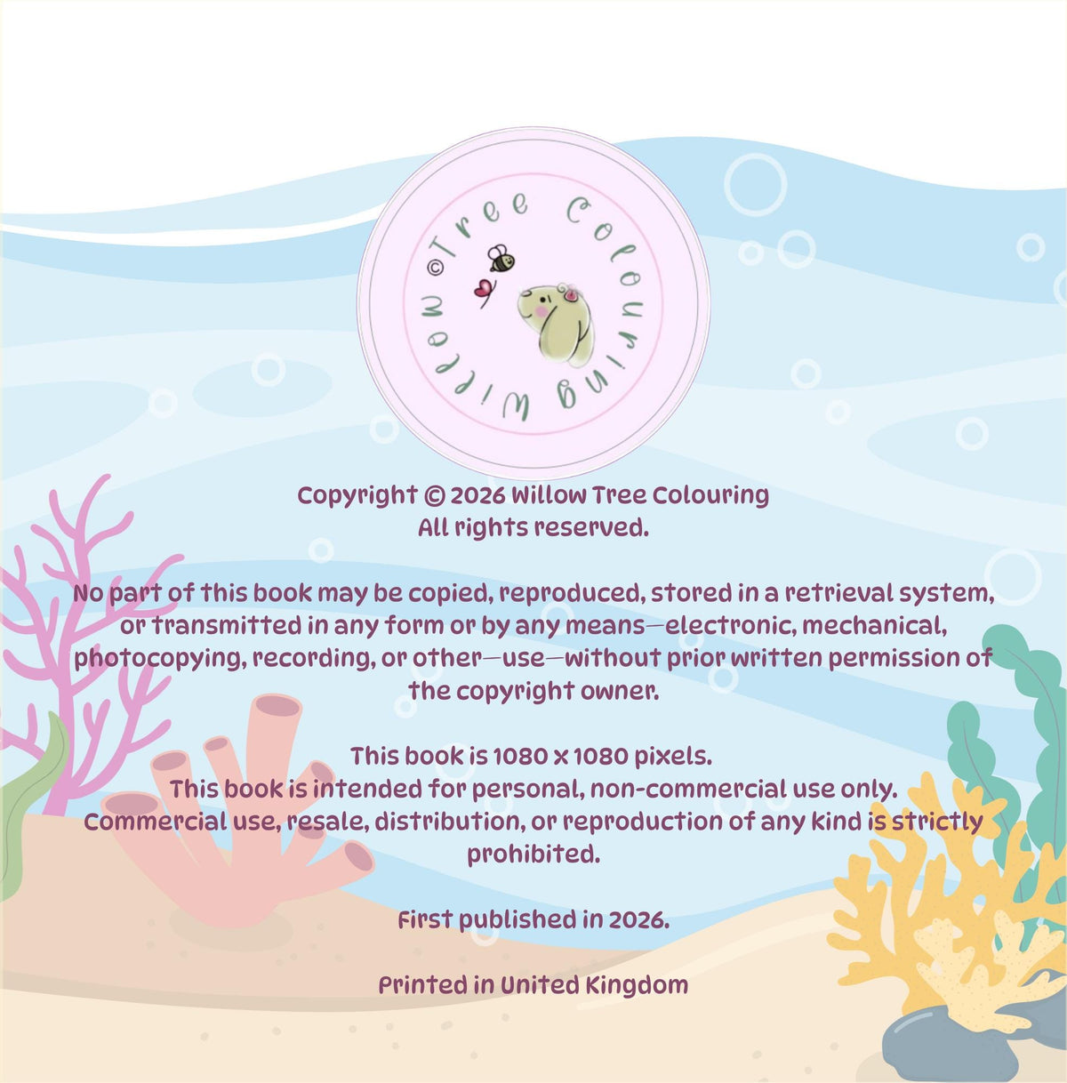 Bubbly Underworld Friends printable colouring pages showing copyright information and underwater artwork.