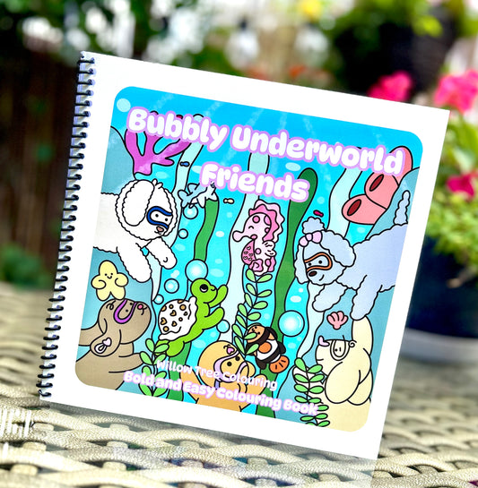 Bubbly Underworld Friends: Premium Wire-Bound Ocean Colouring Book featuring cozy underwater illustrations of sea animals, coral reef, and Mermaids.
