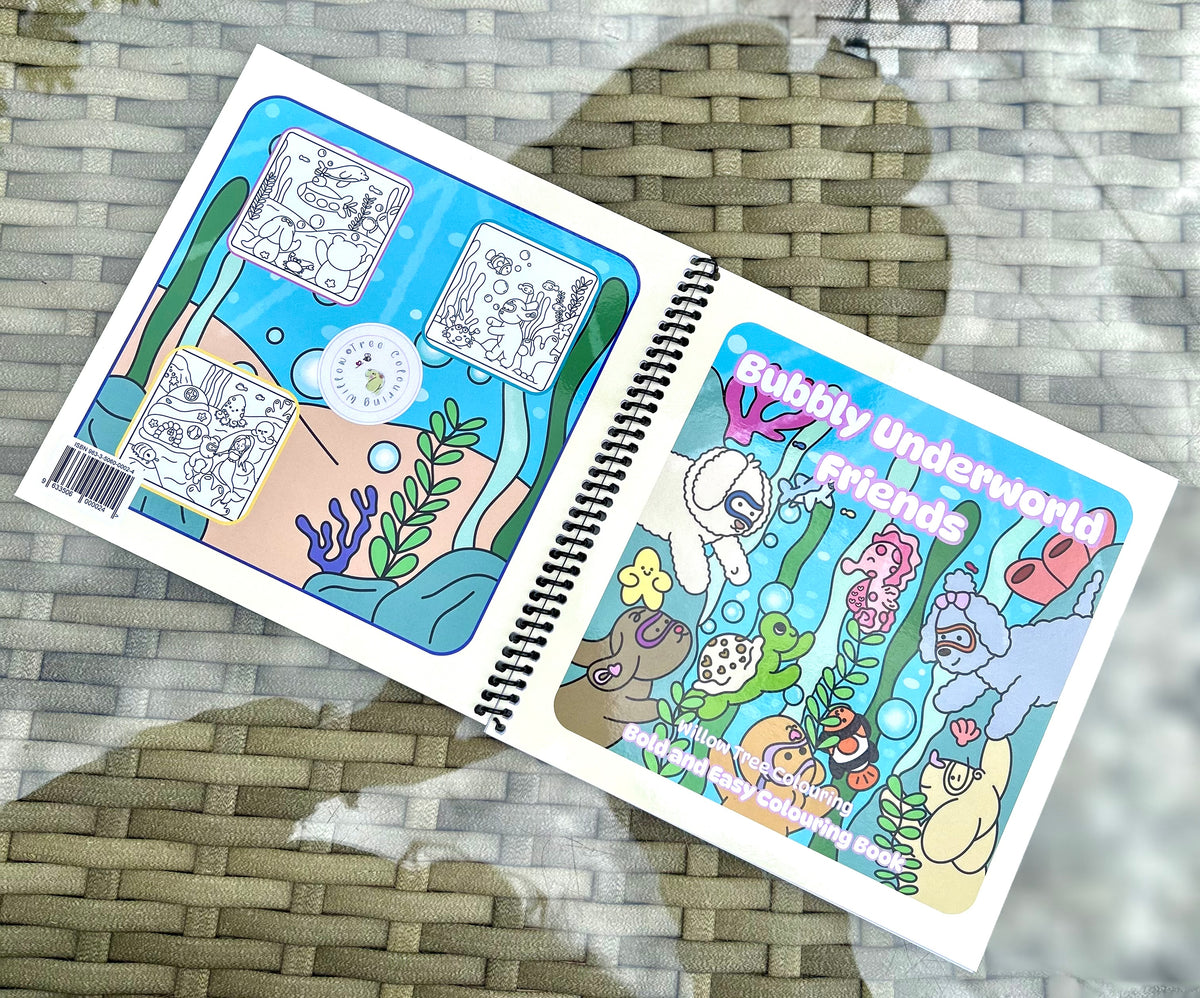 Bubbly Underworld Friends Spiral Bound Colouring Book | Cute & Easy Designs featuring fantasy underwater creatures and mermaids.