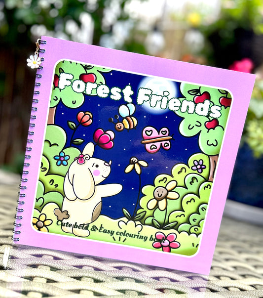 Forest Friends: Premium Wire-Bound Woodland Colouring Book featuring cozy illustrations of woodland animals, flowers, and trees.