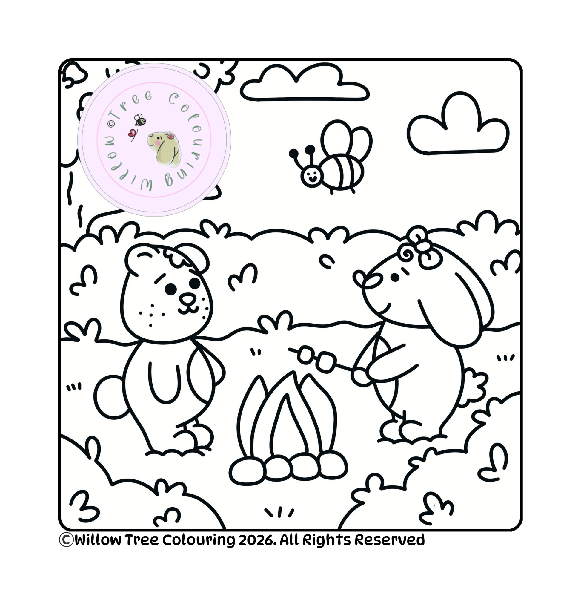 Whimsical treehouse line art download template from the Forest Friends digital book.