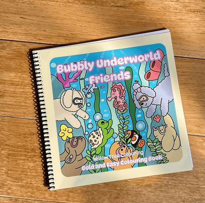 Bubbly Underworld Friends spiral bound colouring book cover showing cute sea creatures.