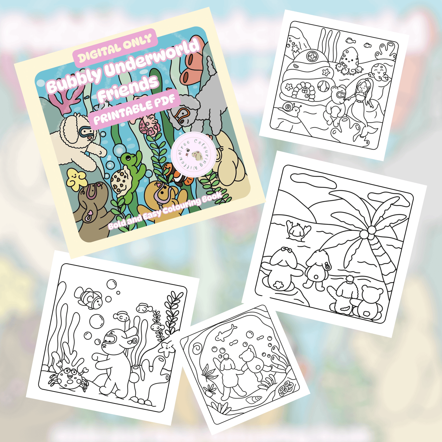Digital Bubbly Underworld Friends colouring book PDF mockup bundle download for printing or iPad apps.