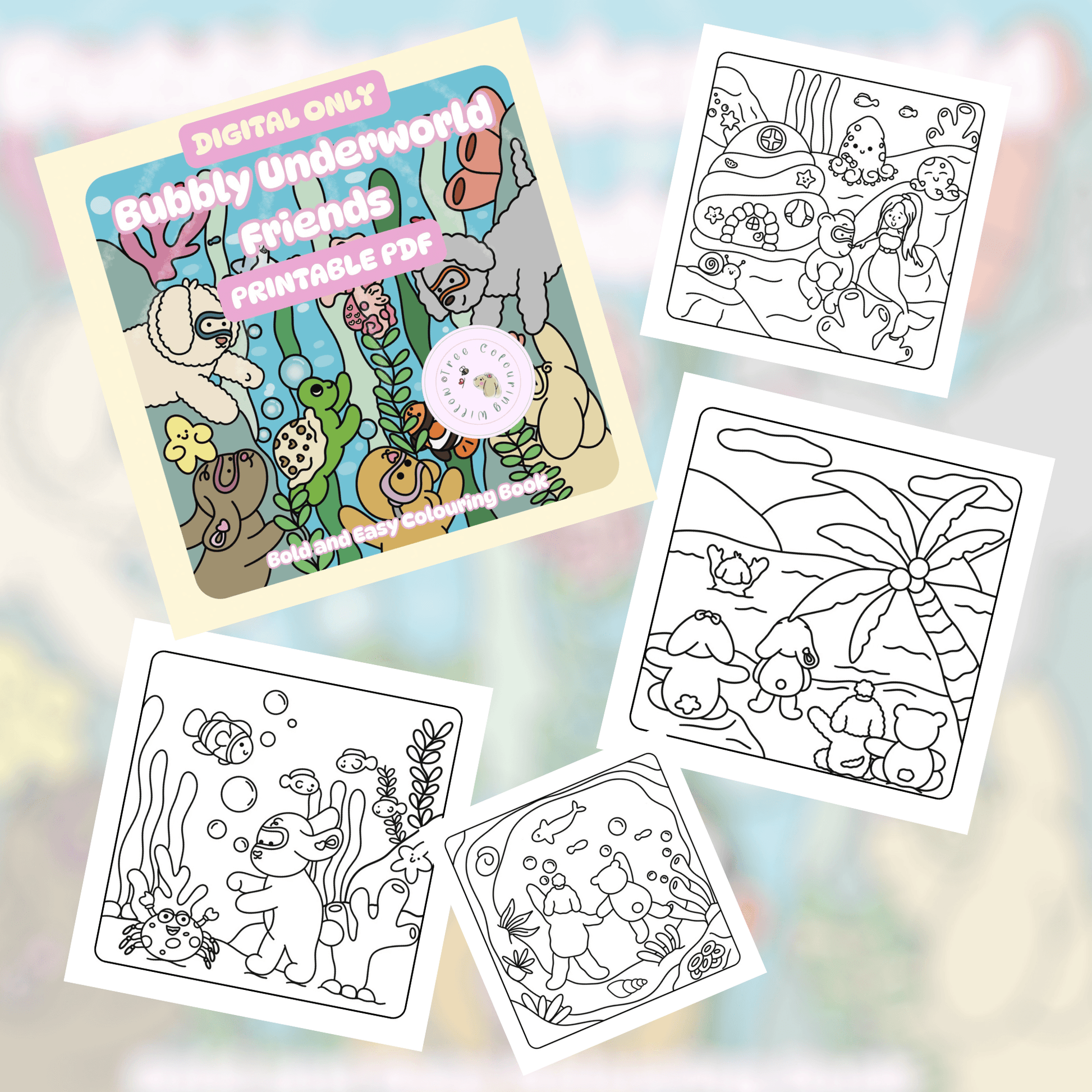Digital Bubbly Underworld Friends colouring book PDF mockup bundle download for printing or iPad apps.