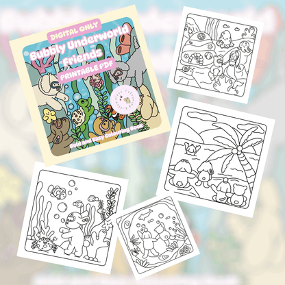 Digital Bubbly Underworld Friends colouring book PDF mockup bundle download for printing or iPad apps.