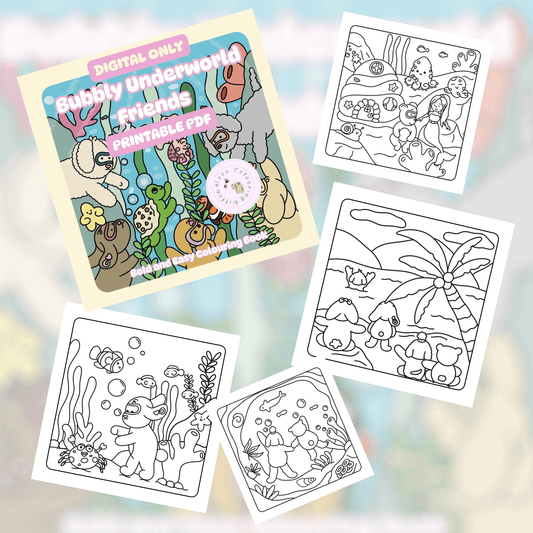 Digital Bubbly Underworld Friends colouring book PDF mockup bundle download for printing or iPad apps.