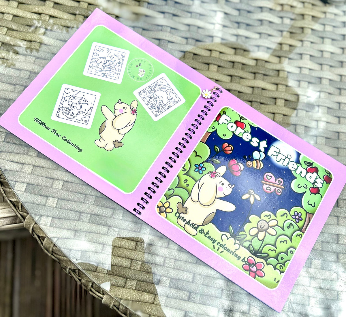 Forest Friends: Premium Wire-Bound Woodland Colouring Book pages showcasing cozy woodland animals, flowers, and butterflies.
