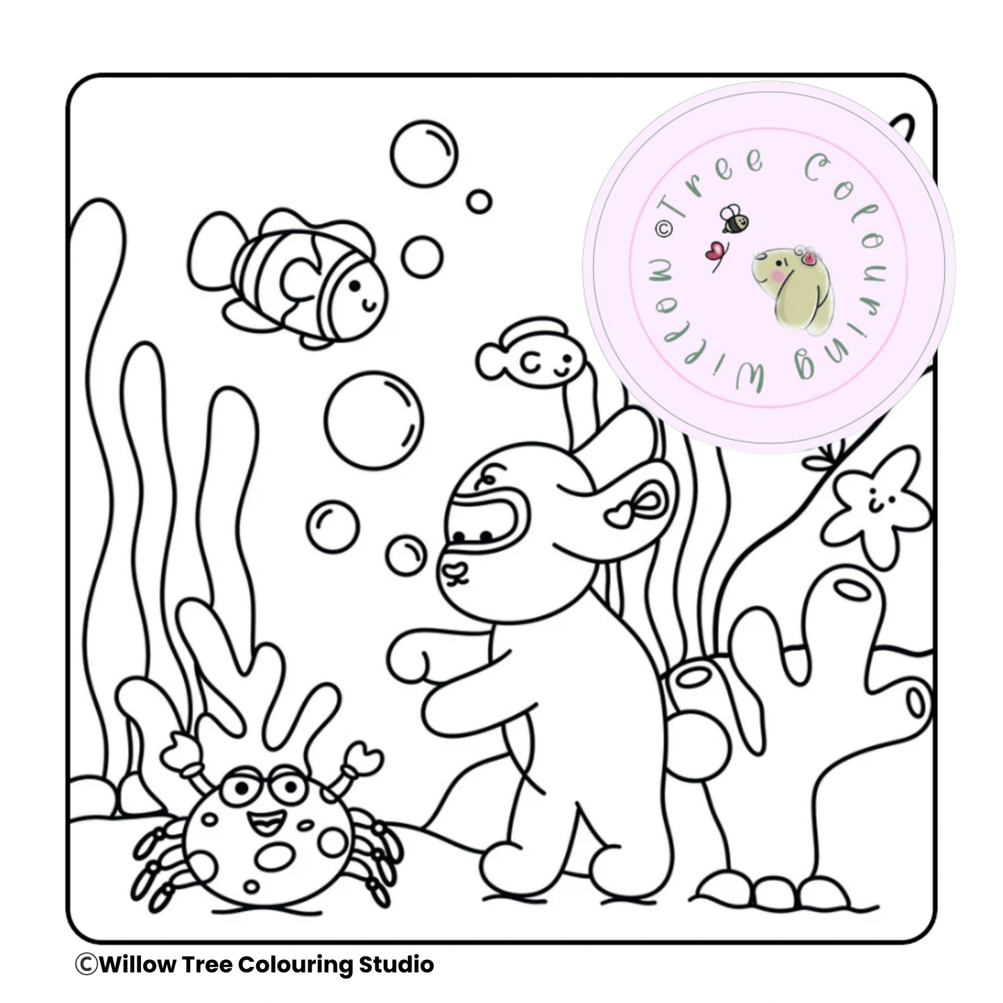 High-resolution digital PDF download colouring page showing a clean underwater sea creature scene.