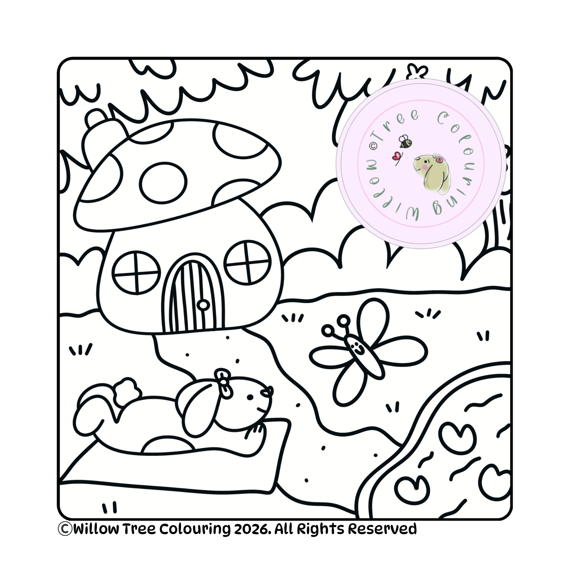 Detailed printable forest landscape illustration page for relaxing adult colouring.