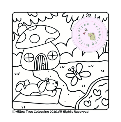 Detailed printable forest landscape illustration page for relaxing adult colouring.