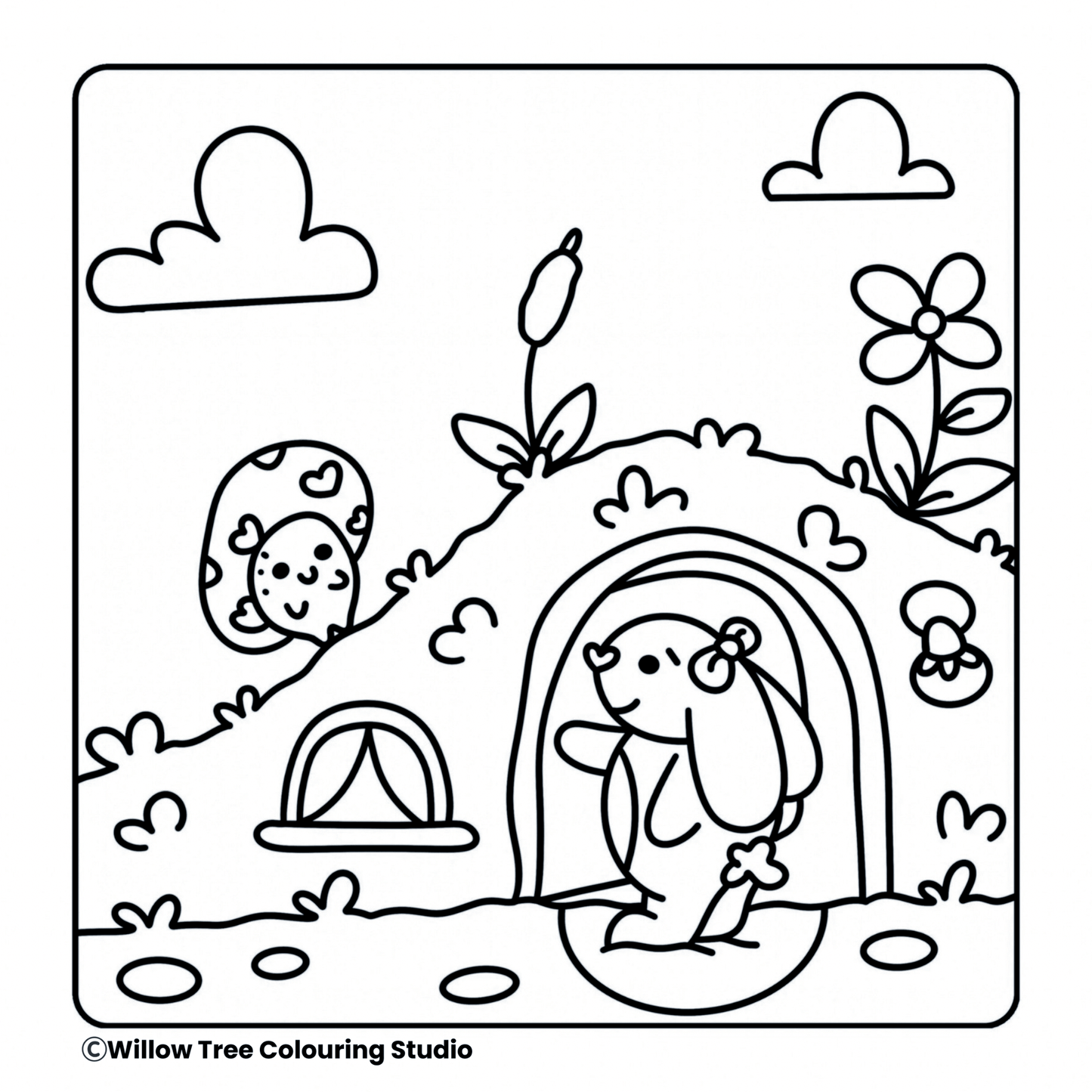 Printable woodland cottage line art scene from the Forest Friends digital colouring book.