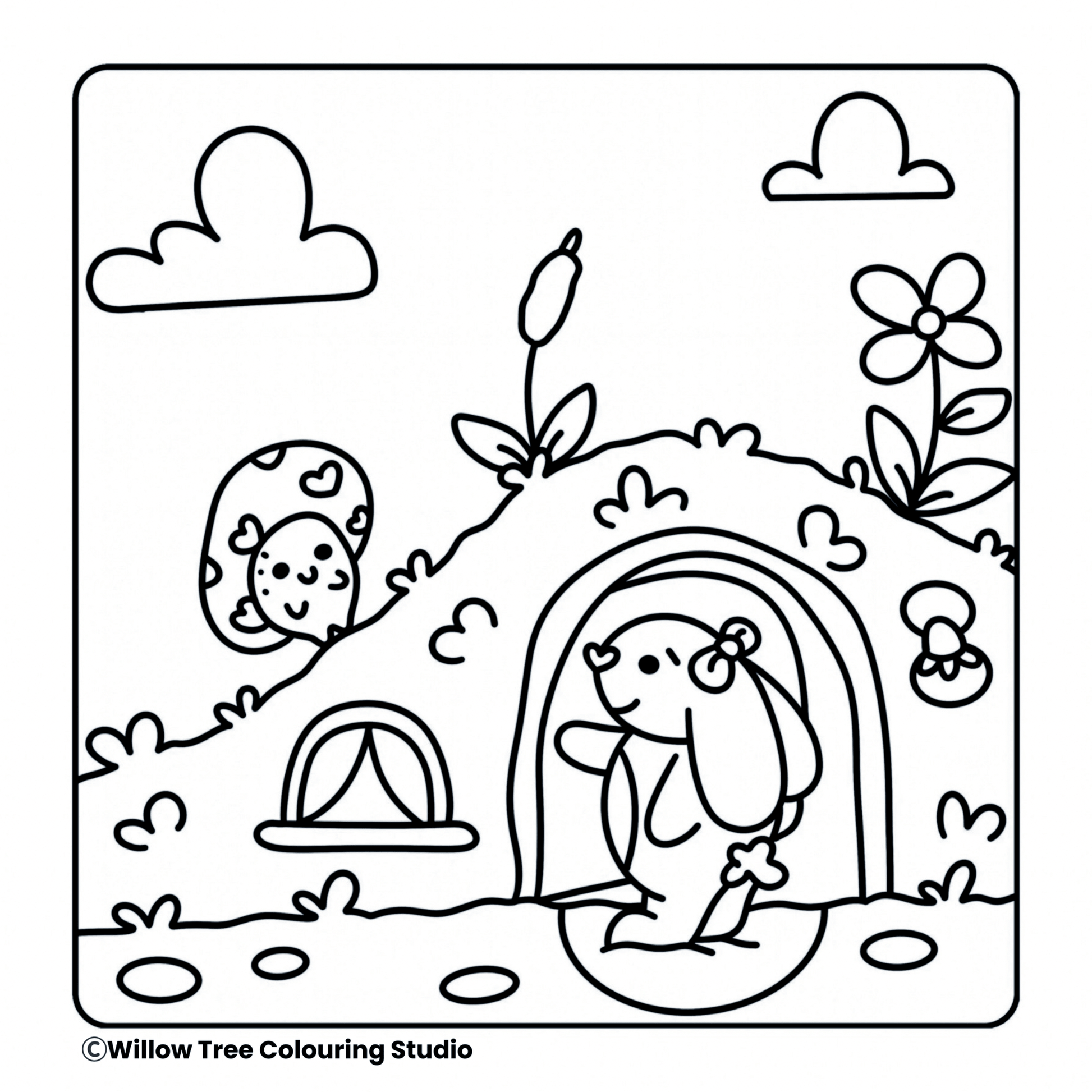 Printable woodland cottage line art scene from the Forest Friends digital colouring book.