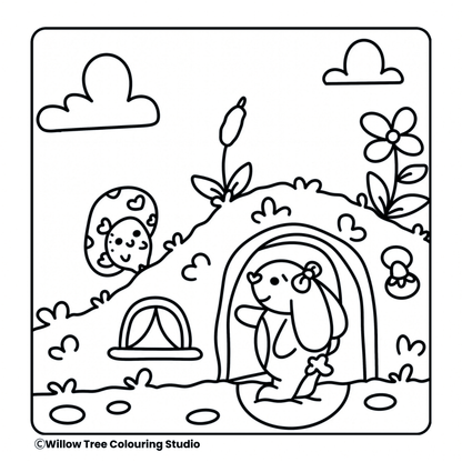 Printable woodland cottage line art scene from the Forest Friends digital colouring book.