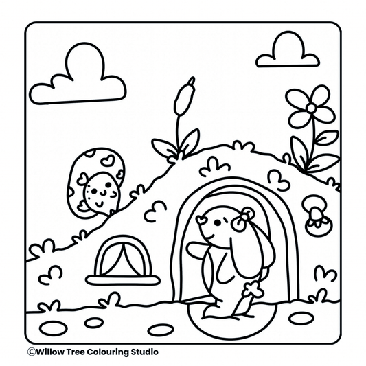Printable woodland cottage line art scene from the Forest Friends digital colouring book.