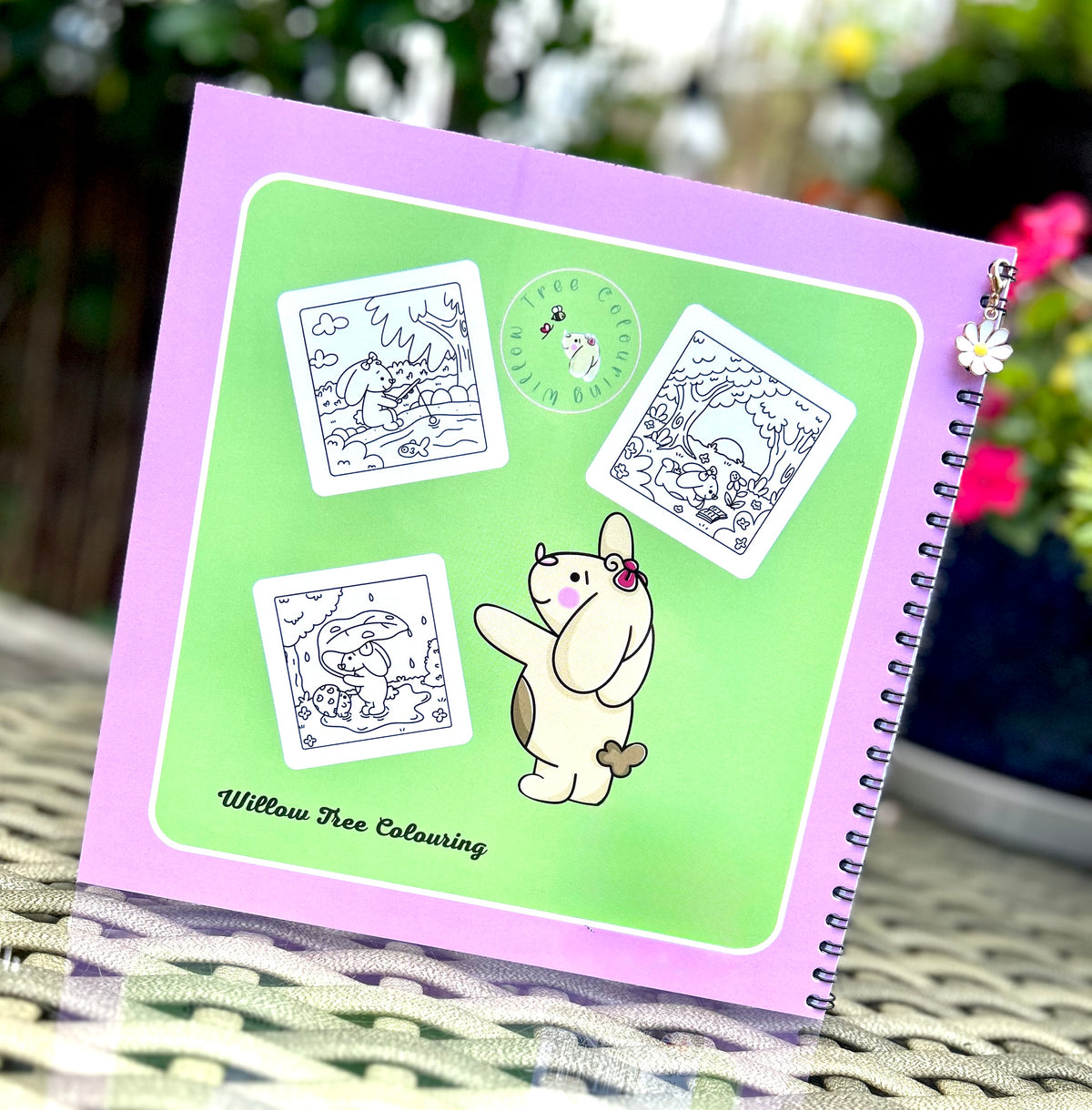 Forest Friends: Premium Wire-Bound Woodland Colouring Book featuring a cheerful bunny and hand-drawn woodland illustrations.