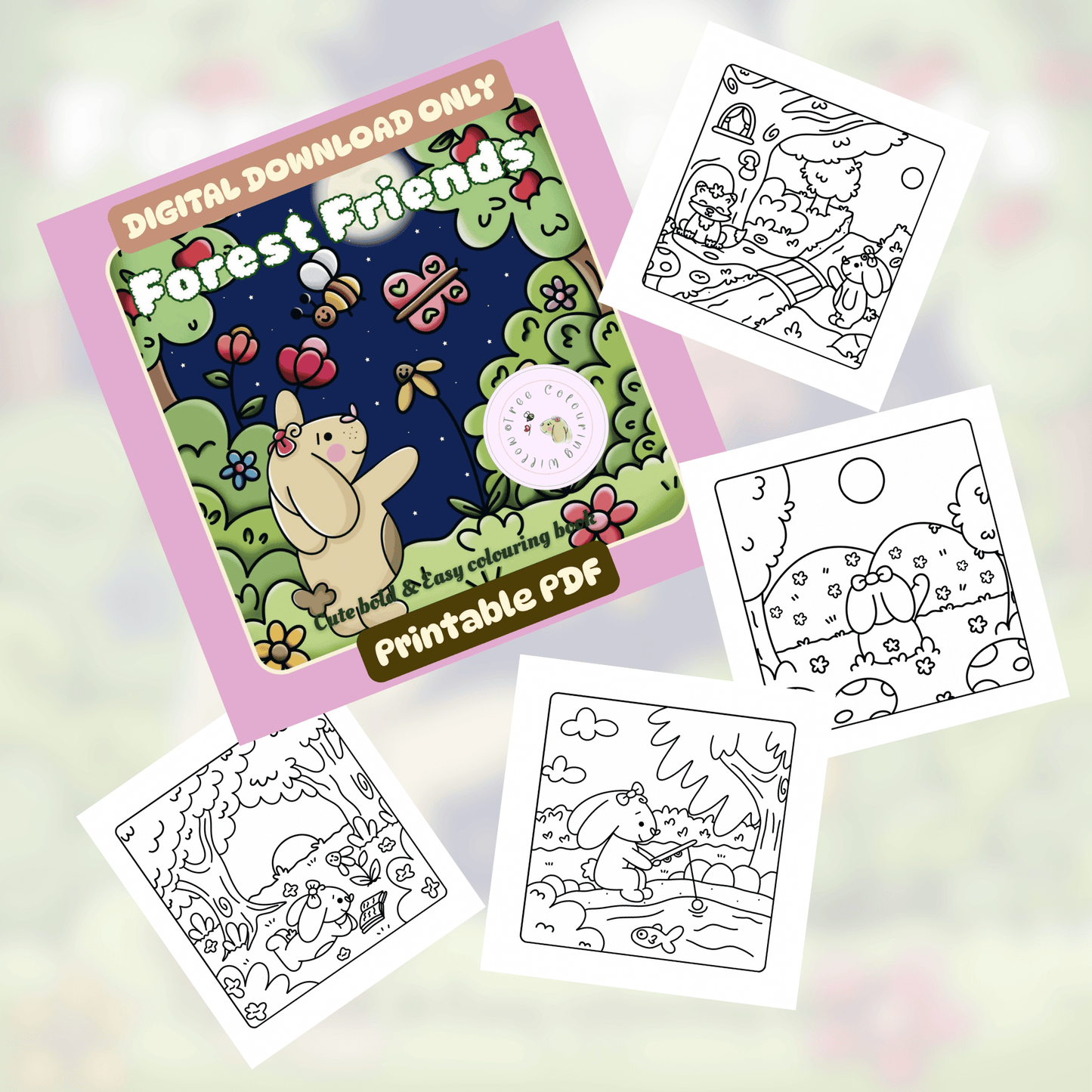 Digital Forest Friends colouring book PDF bundle mockup for instant download or iPad apps.