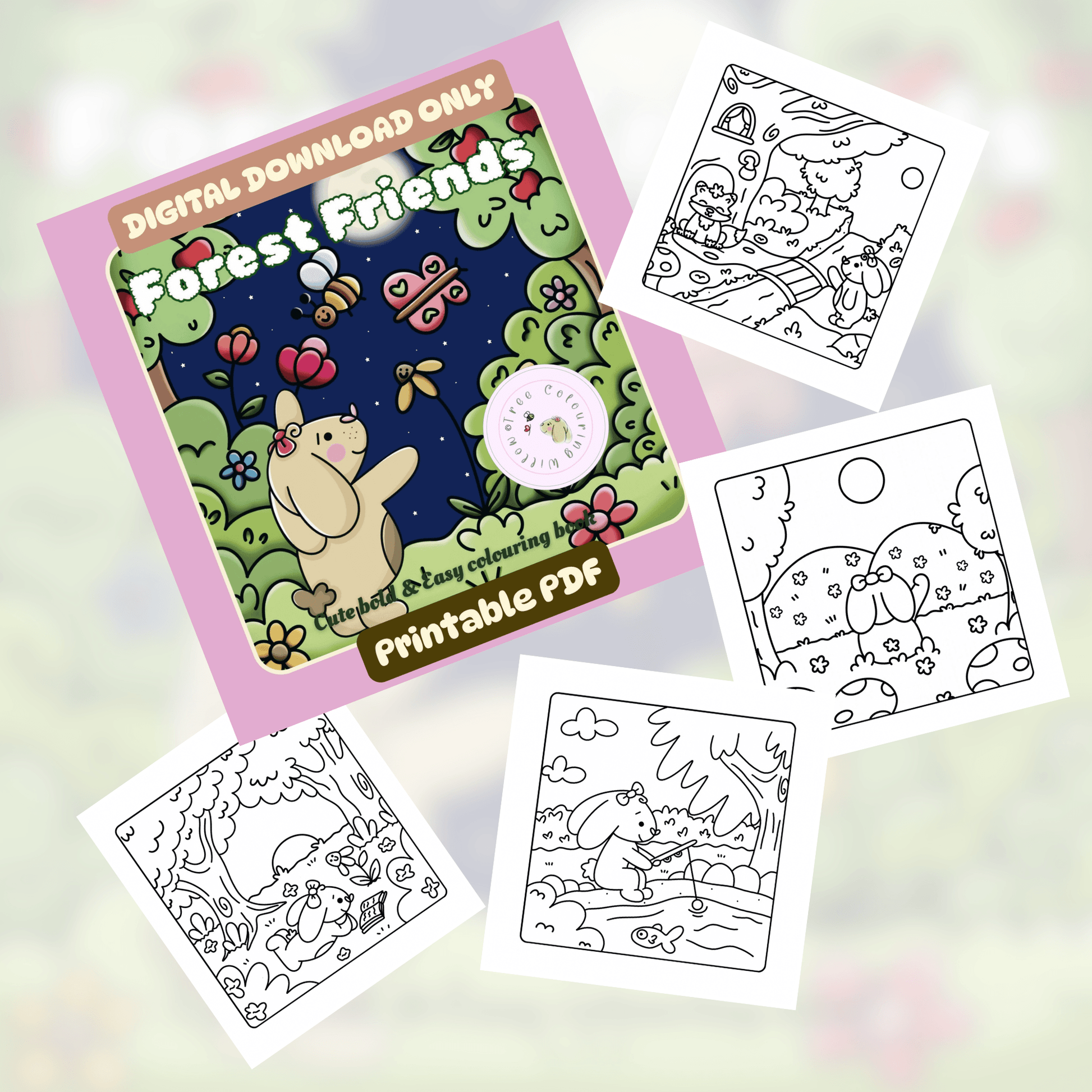 Digital Forest Friends colouring book PDF bundle mockup for instant download or iPad apps.