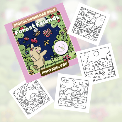 Digital Forest Friends colouring book PDF bundle mockup for instant download or iPad apps.