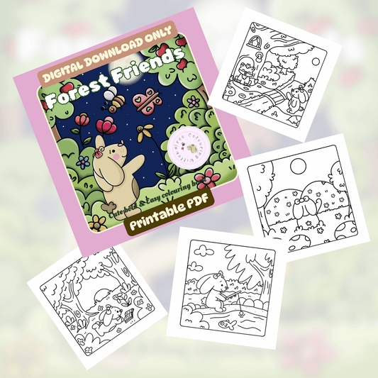 Digital Forest Friends colouring book PDF bundle mockup for instant download or iPad apps.