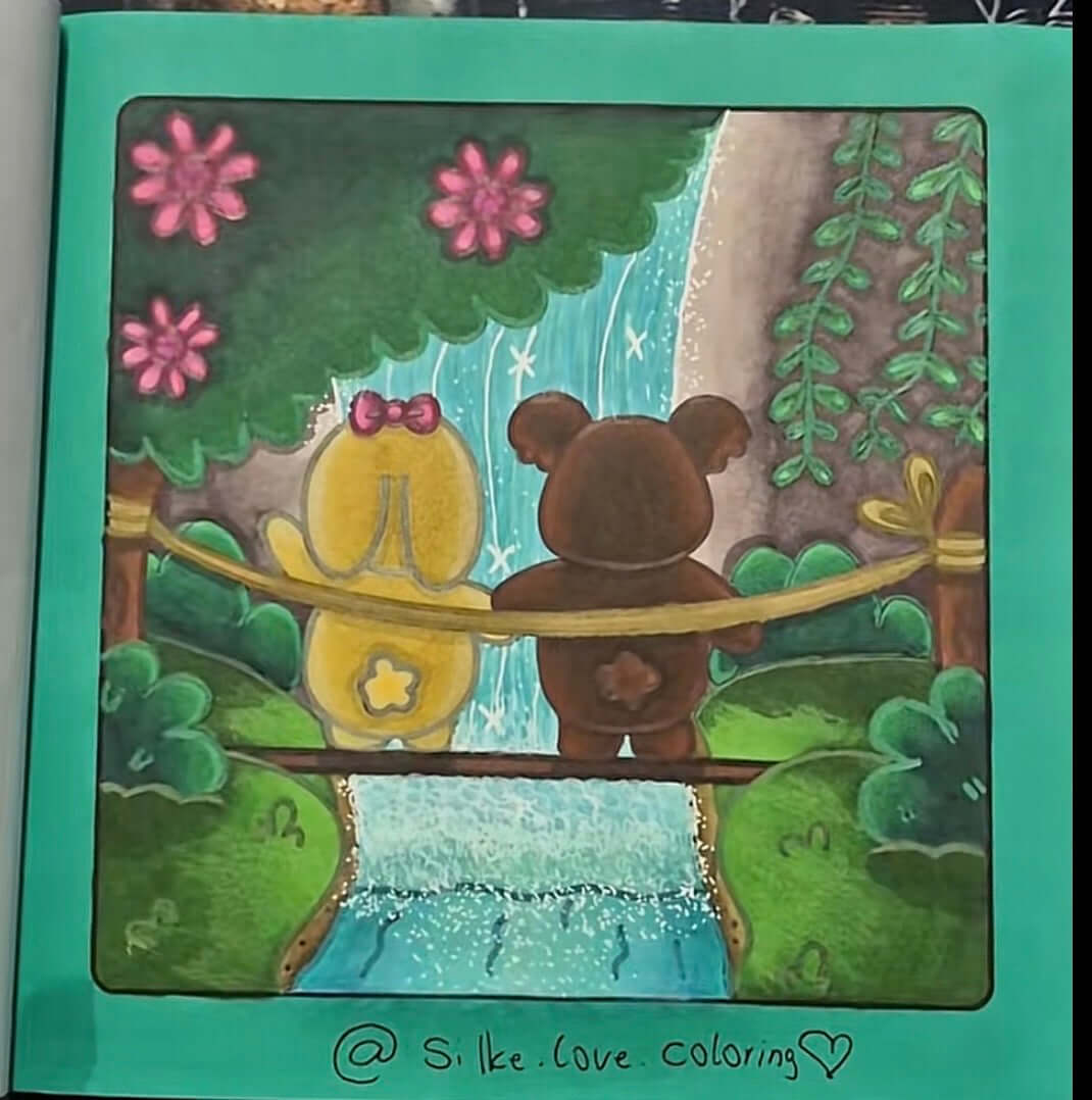 Close up completed colouring page featuring “Forest Friends” by Willow Tree Colouring Studio’s fans.