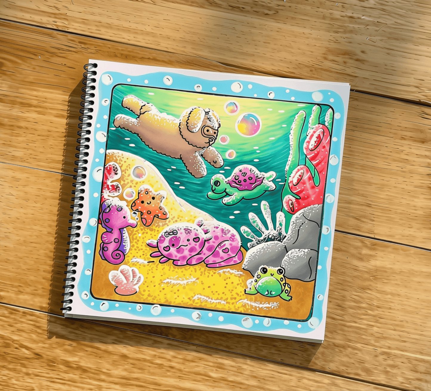 Finished colourful page of an underwater scene inside the Bubbly Underworld Friends colouring book.
