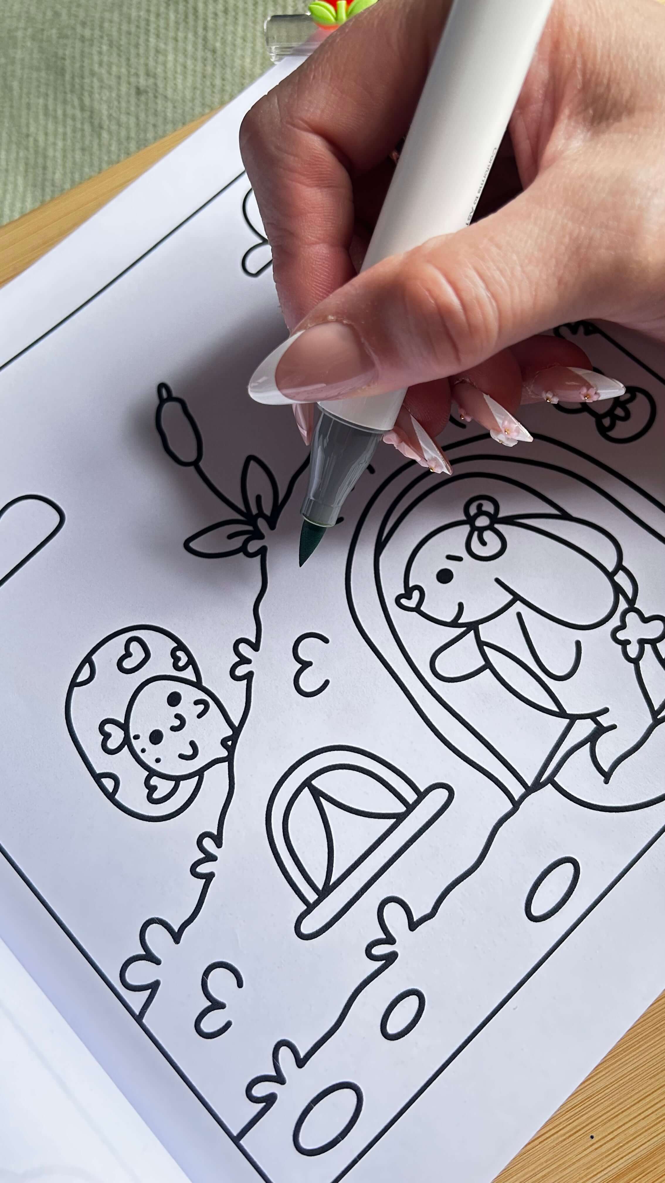 Vibrant marker drawing showing vertical patterns, a product layout sample for adult colouring
