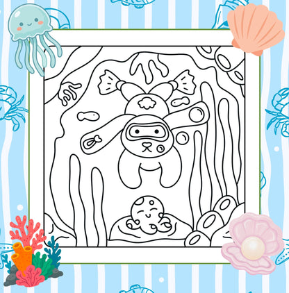Black and white underwater colouring page featuring a cute ocean character, sea plants and coral.