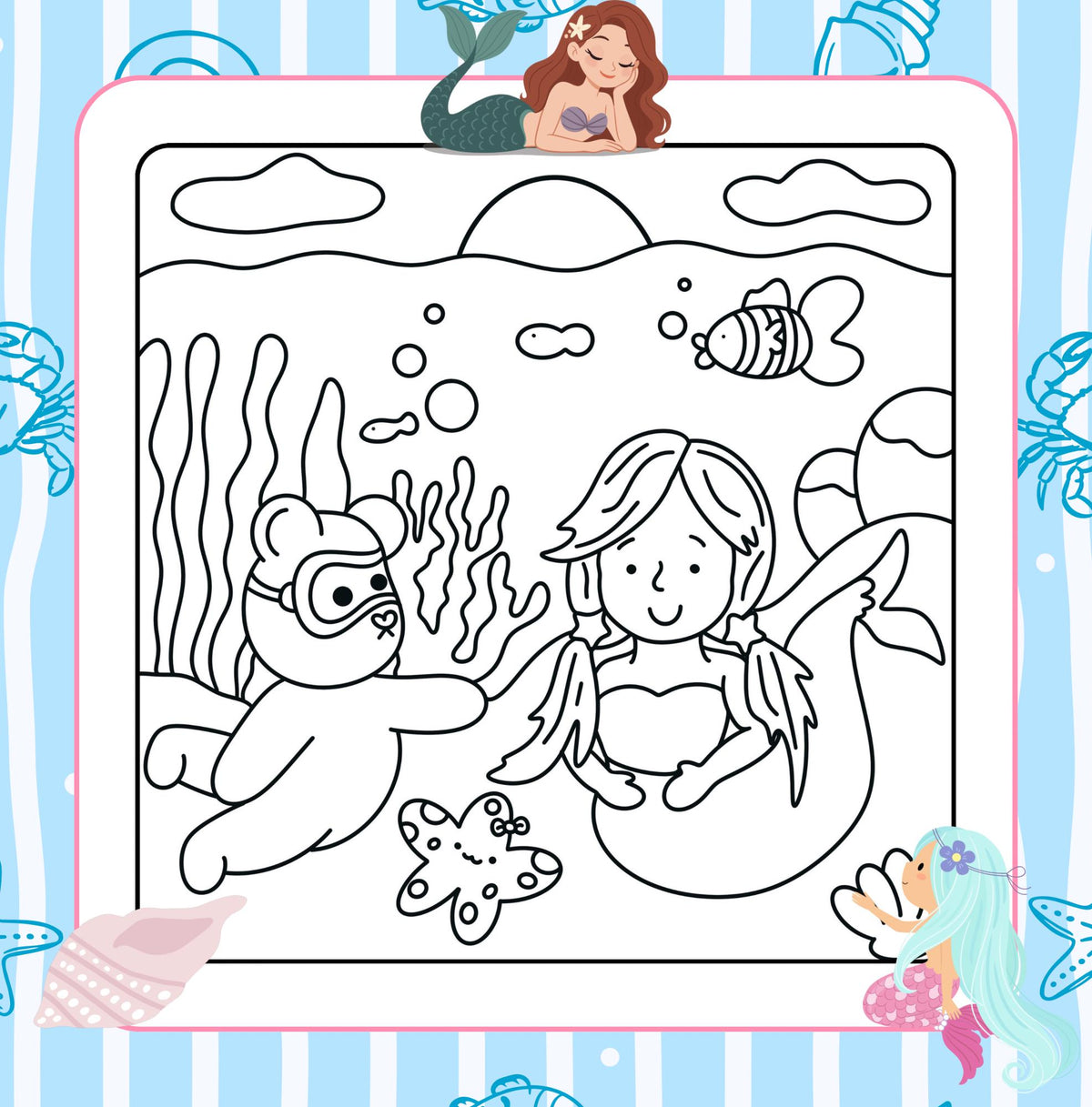 Black and white underwater colouring page featuring a mermaid and friendly sea creatures.