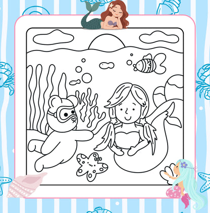 Black and white underwater colouring page featuring a mermaid and friendly sea creatures.