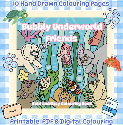 Bubbly Underworld Friends Part One printable colouring pages featuring cute ocean animals and an underwater scene.