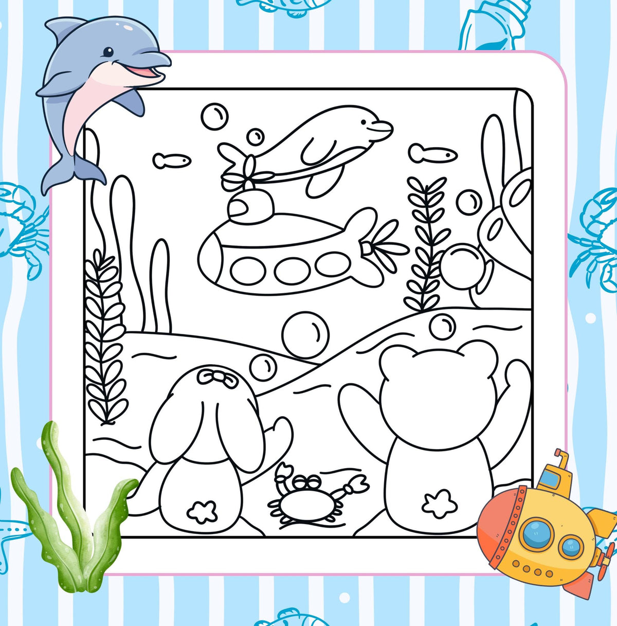 Black and white underwater colouring page featuring cute sea animals, bubbles, coral and ocean plants.