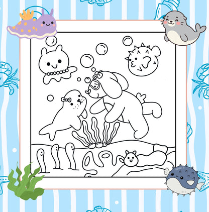 Black and white underwater colouring page featuring cute sea animals, coral and bubbles.