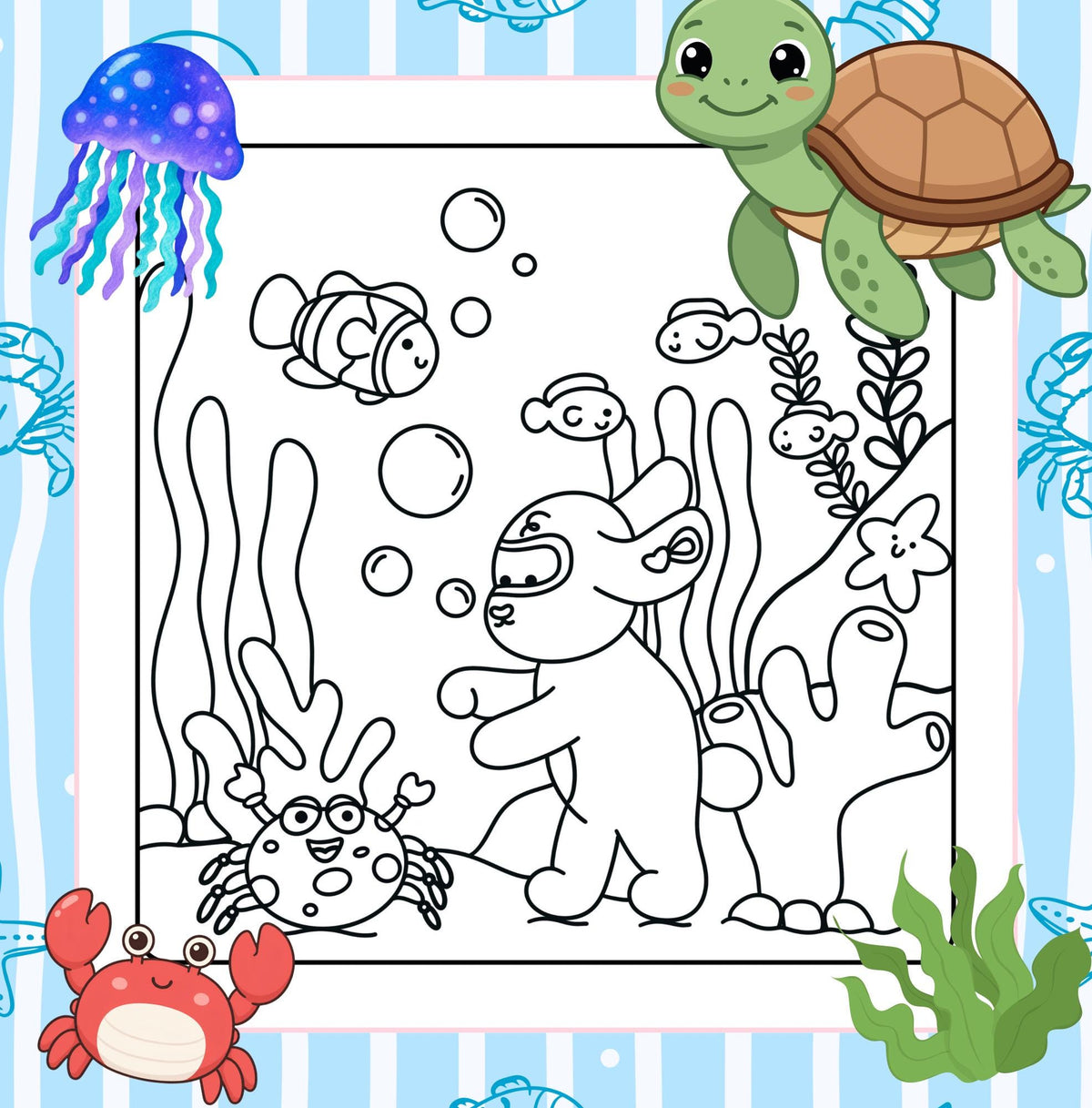 Black and white underwater colouring page featuring fish, sea animals, coral and ocean plants.