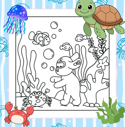 Black and white underwater colouring page featuring fish, sea animals, coral and ocean plants.